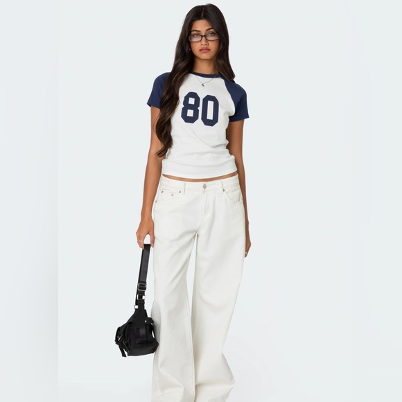 EDIKTED baseball tee with blue sleeve and 80 - Picture 2 of 2